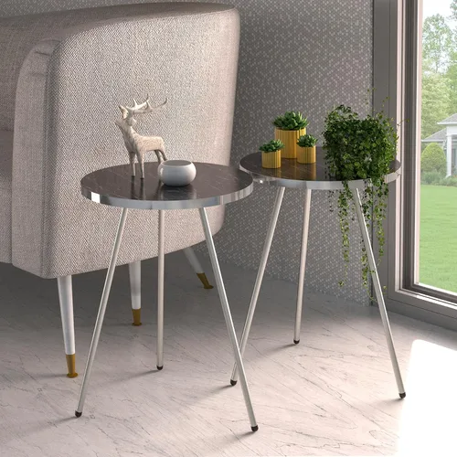 Vista 3 de Juego de 2 mesas auxiliares redondas de madera con aspecto de mármol, mesa auxiliar anidable para espacios pequeños, mesita de noche, mesa de noche