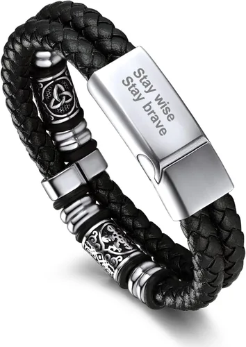 Vista 12 de Bandmax Pulseras de Puño de Cuerda de Cera Doble Negra para Hombres Impermeables de Acero Inoxidable Estilo Nórdico Nudo Celta Cuentas Pulsera