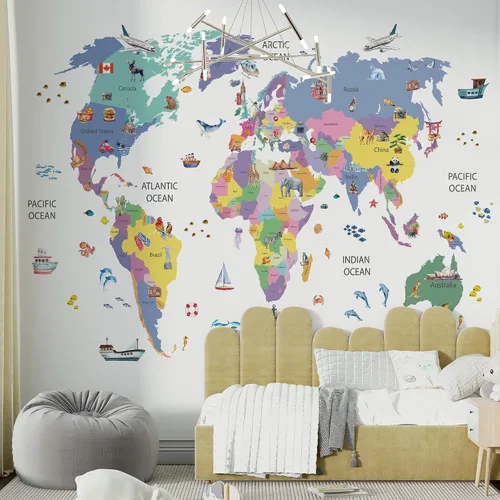 Vista 10 de Papel tapiz para habitación de niños, espacio de astronauta, mural de mapa gigante del mundo con países, papel tapiz para guardería, despegar
