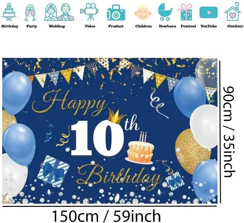 Vista 2 de Cartel de tela para decoración de cumpleaños número 10 para niños y niñas, cartel de tela de feliz 10 años, fondo de fotografía azul, suministros