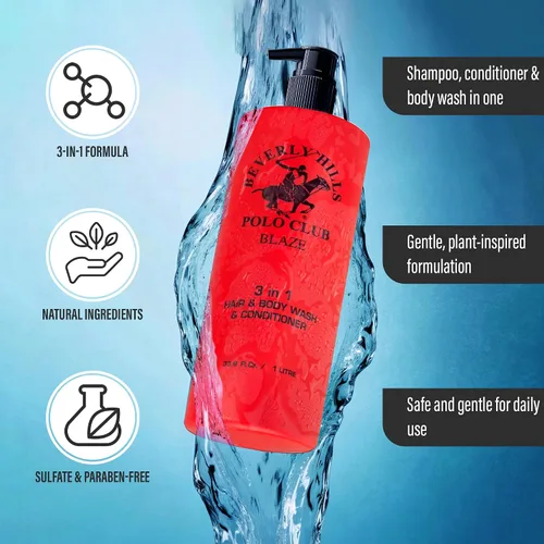 Vista 4 de Beverly Hills Polo Club Champú acondicionador 3 en 1 para hombre Blaze Scent Frescura premium durante todo el día y aseo de lujo vigorizante