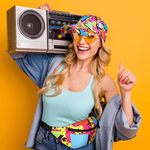 Vista 5 de Riñonera de 2 piezas de los años 80 y 90 para mujeres y hombres, traje de los años 90, sombrero de cintura ajustable, bolsa retro para hombre