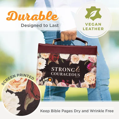 Vista 3 de Christian Art Gifts Funda protectora de piel sintética para la Biblia con asa para mujer: fuerte y valiente, versículo bíblico inspirador Joshua