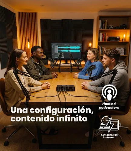 Vista 4 de Movo Paquete de equipos de podcast para 4 personas - Interfaz de audio USB de 4 canales, 4 micrófonos dinámicos CastMic, 4 brazos Boom - Kit