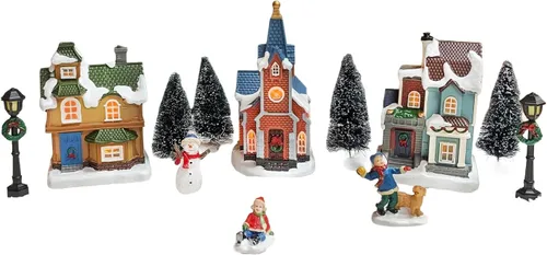 Vista 8 de MOMENTS IN TIME Christmas Village - Juego de 12 piezas, con luces LED, funciona con pilas (no incluidas)