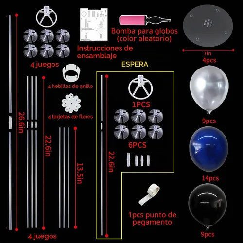 Vista 3 de TONIFUL Juego de 4 centros de mesa de globos con soporte para globos de color negro, azul y plateado