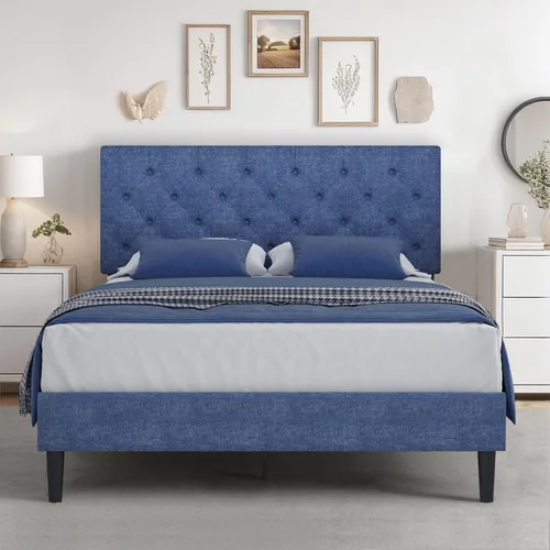 Vista 24 de HOMBCK Base de cama de tamaño individual con cabecera, base de cama tapizada con plataforma de lino para niños, base de cama de tamaño individual