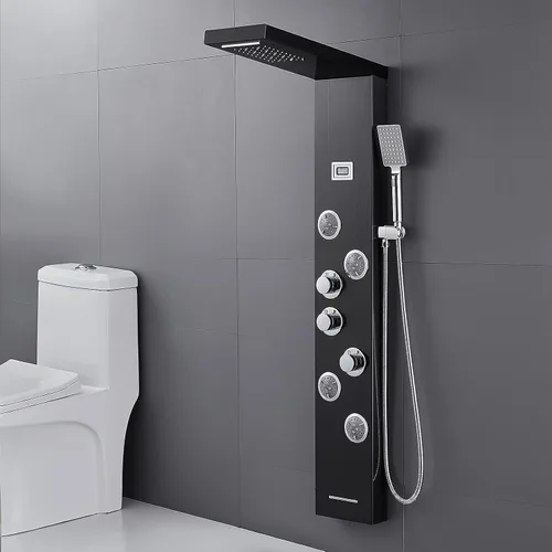 Vista 2 de Sistema de torre de paneles de ducha LED, sistema de panel de ducha de baño de acero inoxidable SUS304 con 4 chorros de cuerpo, lluvia, cascada
