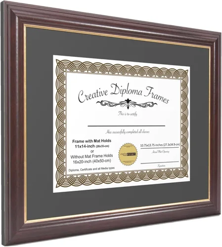 Vista 2 de Creative Picture Frames Marco para Diploma de Caoba con Borde Dorado de 12x16 pulgadas con Vidrio y Paspartú Negro y Colgadores de Pared Instalados