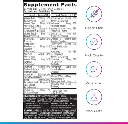 Vista 6 de Livingood Daily Multivitamínico metilado para mujeres y hombres, suplemento multivitamínico con ácido alfa lipoico, vitaminas B, hierro, zinc