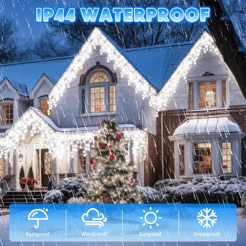 Vista 5 de Aurelema 640 luces LED de Navidad para exteriores, extra largas, 8 modos, impermeables, con 120 gotas, guirnalda de luces colgantes con control
