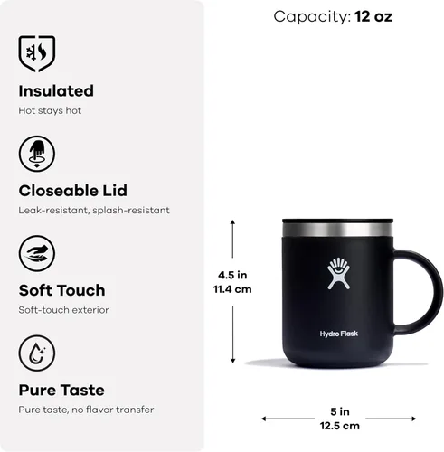 Vista 5 de Taza Hydro Flask - Taza de viaje reutilizable de acero inoxidable para té y café - Aislada al vacío, sin BPA, no tóxica, 12 onzas