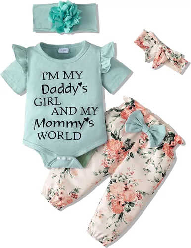 Vista 18 de SUNNY PIGGY Ropa para bebé recién nacida, 4 piezas, lindos trajes de otoño Rosa (Bow Pink)