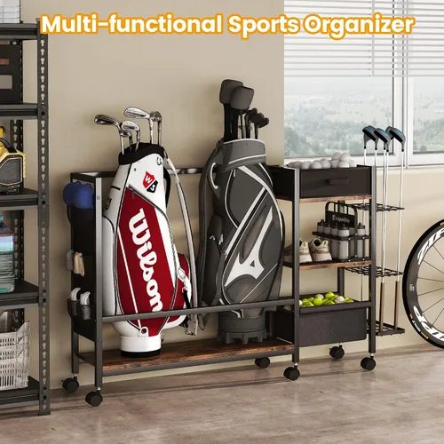 Vista 5 de Organizador de almacenamiento de bolsa de golf para garaje, organizador de golf con estante de golf adicional y bolsa lateral de tela para 20 palos