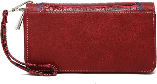 Vista 3 de Conchos tachonado cocodrilo corte láser vaquera Western monedero mujer cartera cartera, Borgoña, Cartera de pulsera estilo occidental para mujer