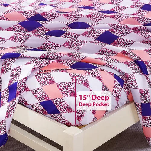 Vista 4 de Softan Juego de sábanas tamaño matrimonial con estampado geométrico de rombos y leopardo, sábanas bajeras de microfibra con bolsillo profundo de 15