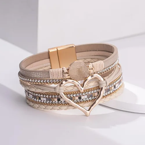 Vista 9 de FANCY SHINY Pulseras de cuero con forma de corazón, apilables, bohemias, pulseras de diamantes de imitación de resina de moda con cierre magnético