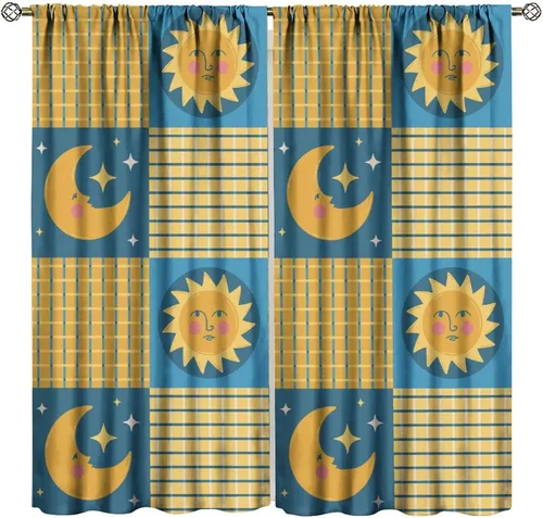 Vista 34 de Cortinas opacas con diseño de sol y luna, cuerpos celestes bohemios, con diseño de sol, luna y estrellas, para sala de estar, dormitorio, 42 x 45