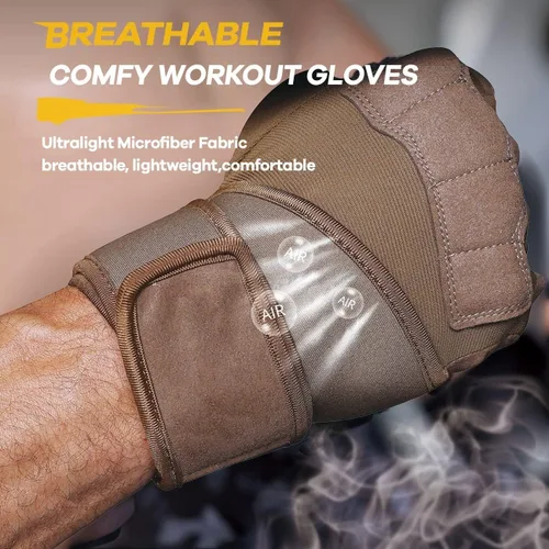 Vista 8 de Guantes de entrenamiento para hombre para levantamiento de pesas - Guantes de ejercicio para hombres y mujeres con soporte para muñequera, Marrón