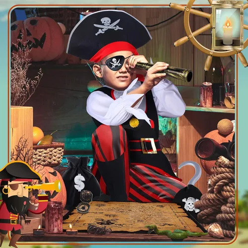 Vista 7 de Disfraz de pirata para niños juego de rol vestido pirata suministros de fiesta de cumpleaños accesorios para niños fiesta y niños