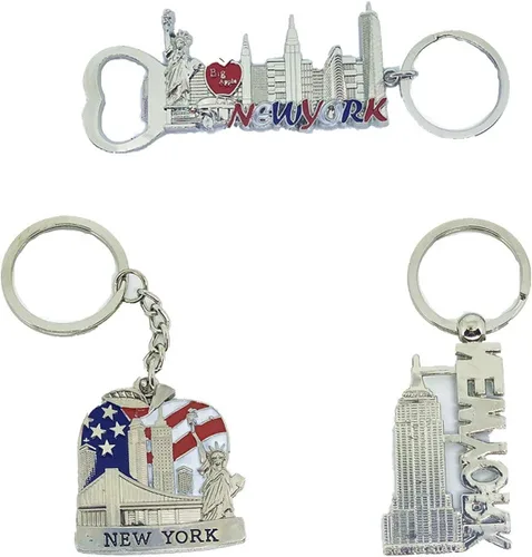 Vista 5 de Paquete de 12 llaveros de metal de plata NYC Souvenir Collection New York incluye Empire State Torre de la Libertad bandera de Estados Unidos NY Cab