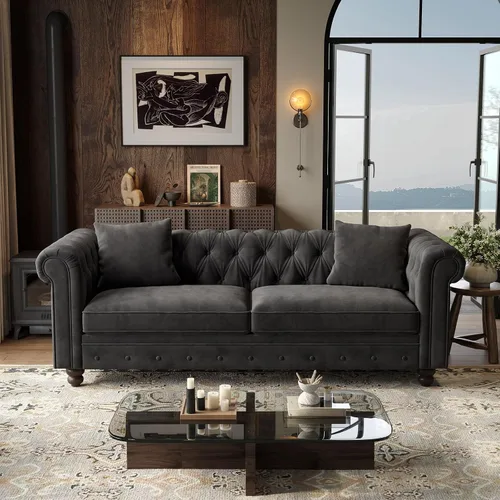 Vista 2 de ONBRILL Sofá Chesterfield de 82 pulgadas, sofá de terciopelo de 23 pulgadas de profundidad para sala de estar, sofá capitoné con botones con brazos