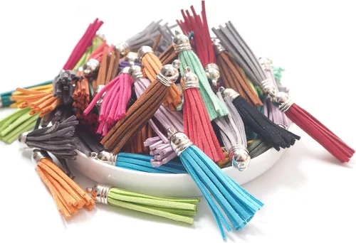 Vista 3 de Vfond 100 borlas de gamuza de cuero de 2.165 in con tapas para hacer joyas, correas de teléfono celular y accesorios de bricolaje
