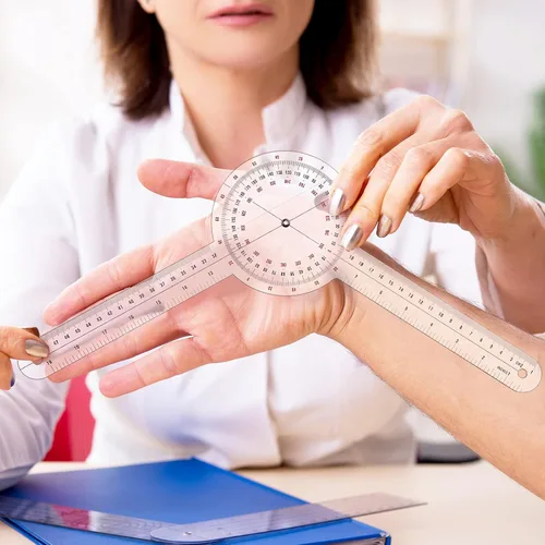 Vista 7 de Frienda Goniómetro de 12 pulgadas, regla de ángulo ortopédico transparente, goniómetro de plástico de 360 grados para cinta métrica de cuerpo regla