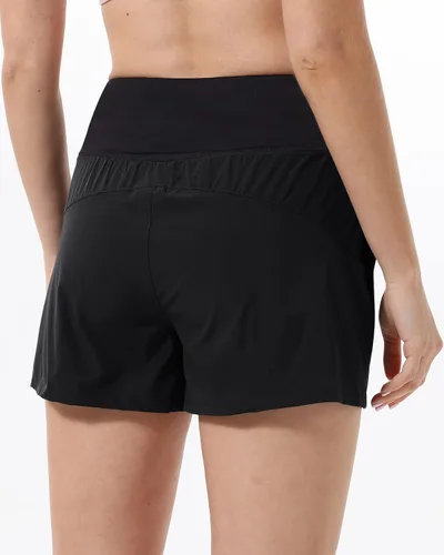 Vista 3 de HARTPOR Pantalones cortos deportivos 2 en 1 de secado rápido para mujer, cintura cruzada con bolsillos, forro de malla para entrenamiento, gimnasio