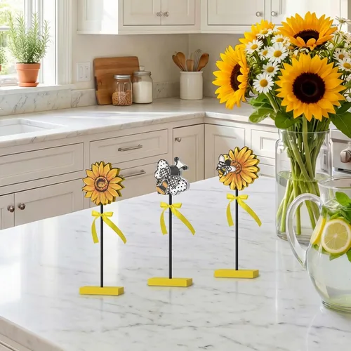 Vista 5 de Smile - 3 piezas de decoración de madera para interiores, estilo de abeja de girasol, centros de mesa de verano para el hogar, cocina, exhibición