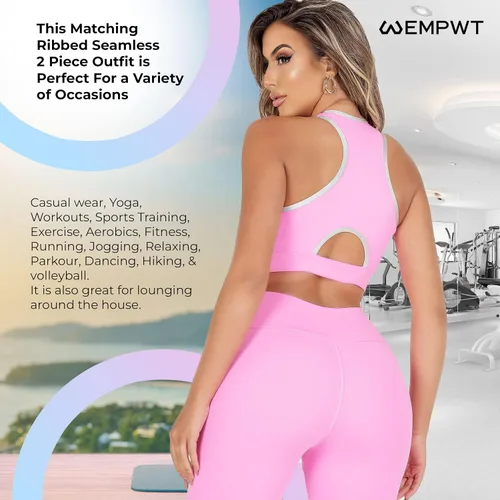 Vista 5 de Traje de entrenamiento para mujer de 2 piezas Leggings de cintura alta con textura acanalada sin costuras Conjuntos de yoga y entrenamiento