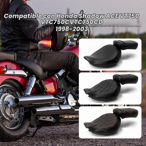Vista 7 de Asiento de pasajero de motocicleta negro sin patrón compatible con Shadow ACE VT750 VTC750C VTC750CD 1998-2003