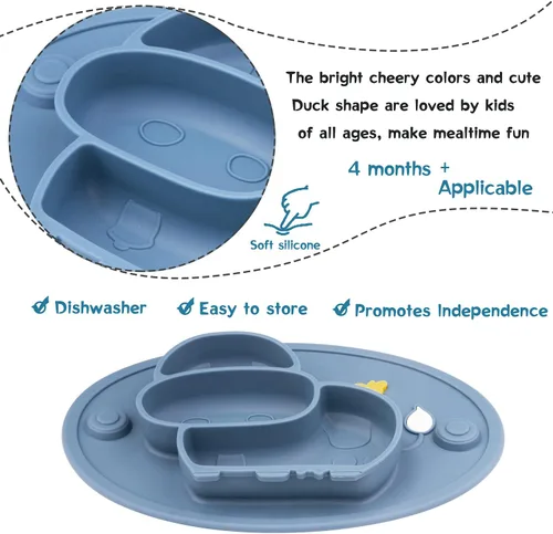 Vista 5 de Platos divididos de silicona para niños pequeños, platos portátiles antideslizantes con ventosa para niños, bebés y niños, sin BPA (azul oscuro)