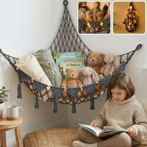 Vista 9 de TIDYTEDS Macramé DreamLights Hamaca de Red de Almacenamiento de Animales de Peluche Boho Extra Grande Soporte de Almacenamiento de Juguetes de Azul