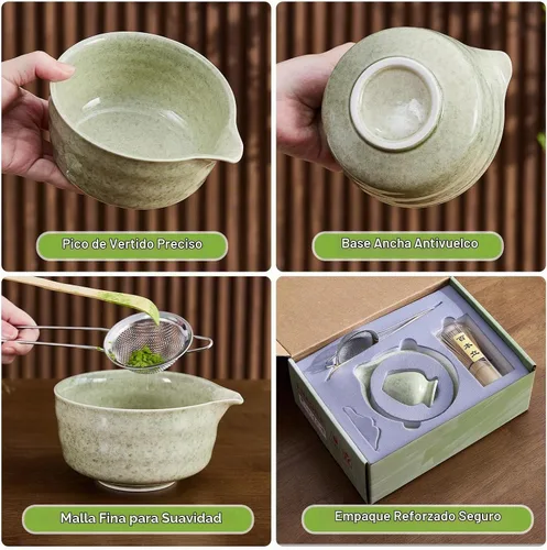 Vista 6 de Juego de 5 batidores de matcha, cuenco de matcha con boquilla, batidor de bambú 100% (Chasen), soporte, tamiz inoxidable, cuchara de té, kit