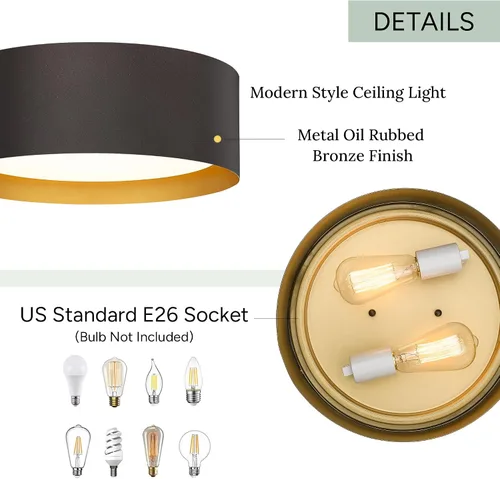 Vista 2 de Casia Luces de techo empotradas para dormitorio, montaje empotrado cerca del techo en acabado de metal de bronce aceitado con vidrio esmerilado