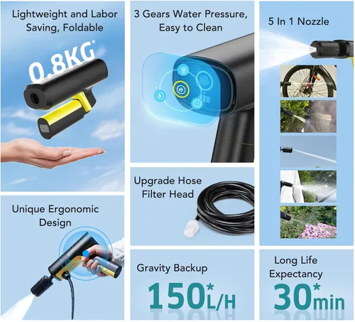 Vista 3 de Cordless Pressure Washer, Portable Power Washer, Electric Power Cleaner with 5-in-1 Nozzle & 3 Gears, Ideal for Car, Garden & Home with 18000mah Li
