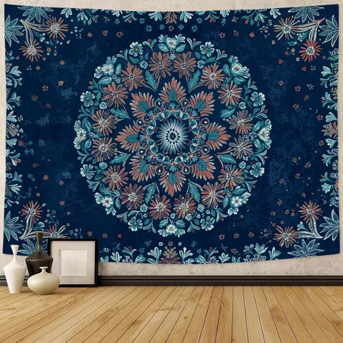 Vista 17 de Fowocu Tapiz bohemio con mandala floral para colgar en la pared, medallón de flores bohemias, tapiz estético, beige, naranja, hippie, indio, pequeño