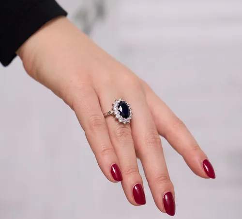 Vista 5 de Beaux Bijoux Anillo de Compromiso de Plata de Ley Grande Ovalado con Zafiro Azul Creado y Circonia Cúbica Clara, Anillo de Novia, Estilo Princesa