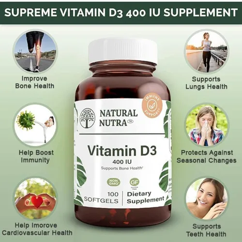 Vista 3 de Natural Nutra Supreme Vitamin D3 Cápsulas blandas de 400 UI, apoyo inmunológico, vitamina solar, fuerza ósea y dental, sin gluten, 100 cápsulas