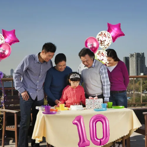 Vista 6 de Decoraciones de cumpleaños número 10 para niñas, banda y corona de dos dígitos con purpurina rosa intenso, globos de papel de aluminio de estrella