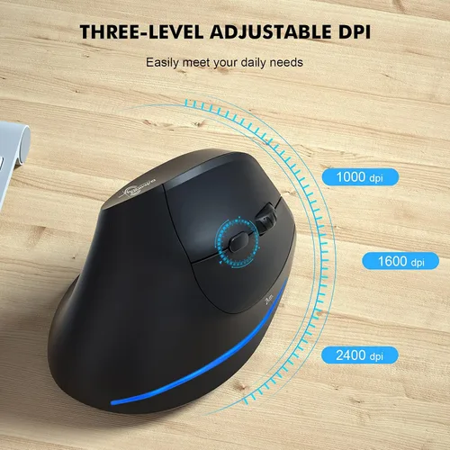 Vista 5 de Ratón ergonómico inalámbrico, mouse Bluetooth vertical con conexión de 3 dispositivos (Bluetooth 5.0 + 5.0 + USB) con 3 DPI 240016001000 ratones
