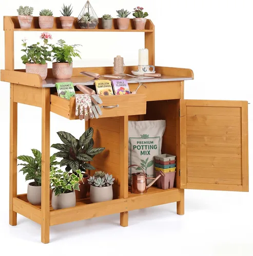 Vista 10 de Goplus Garden Potting Bench Table with Stainless Steel Tabletop
