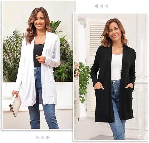 Vista 6 de TownCat Cárdigan ligero para mujer con bolsillo, manga larga, frente abierto, casual, cárdigan suelto para mujer (negro 1, XXL)