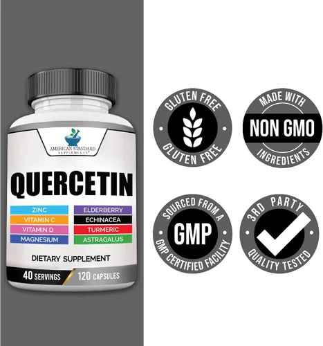 Vista 8 de American Standard Supplements Quercetina 1000 mg por porción con zinc, vitamina C, vitamina D3, magnesio, saúco, equinácea, cúrcuma, astrágalo, sin