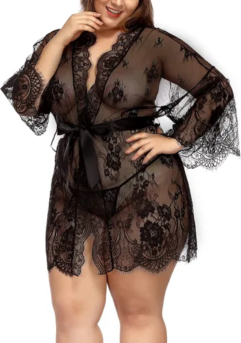 Vista 4 de TGD Conjunto de lencería para mujer en tallas grandes Bata de encaje tipo quimono