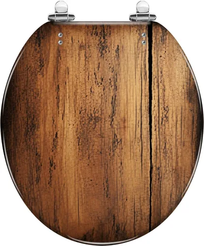 Vista 15 de Asiento de inodoro alargado con textura de tablón de madera blanca envejecida, asiento de inodoro de resina con encanto rústico con bisagras