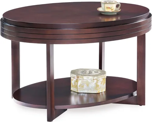 Vista 6 de Leick Home 10109-CH Mesa de centro ovalada pequeña con estante, color cereza chocolate Nuez pacana