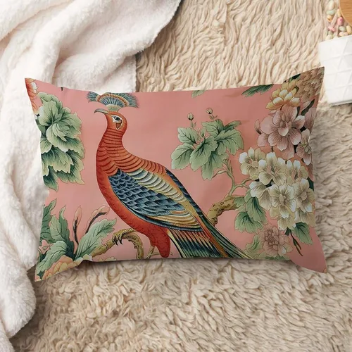 Vista 41 de ArogGeld Fundas de cojín de estilo chinoiserie, diseño de flores y pájaros, color rosa rubor, diseño de animales de pavo real, jardín asiático