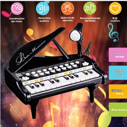 Vista 5 de Piano de juguete de 24 teclas para niños, instrumento musical elctrónico educativo con micrófono Negro